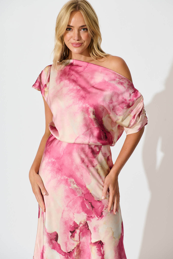 Sarita Maxi Off Shoulder Dress in Magenta Watercolour Satin - front