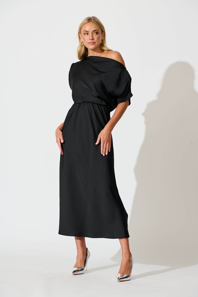 Sarita Maxi Off Shoulder Dress in Black Satin - full length