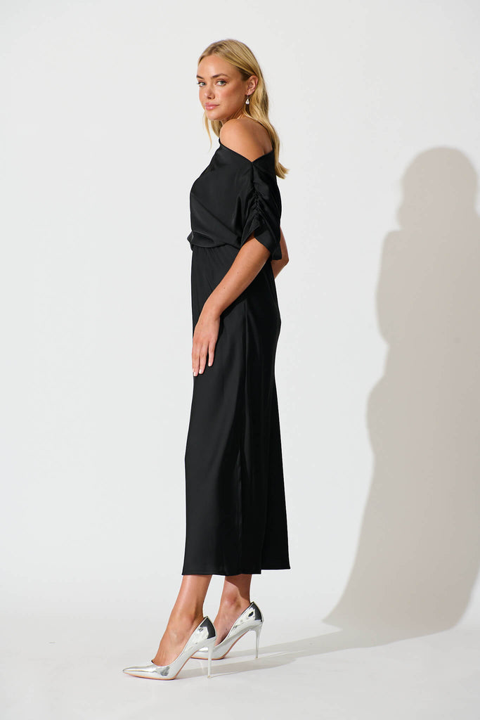 Sarita Maxi Off Shoulder Dress in Black Satin - side