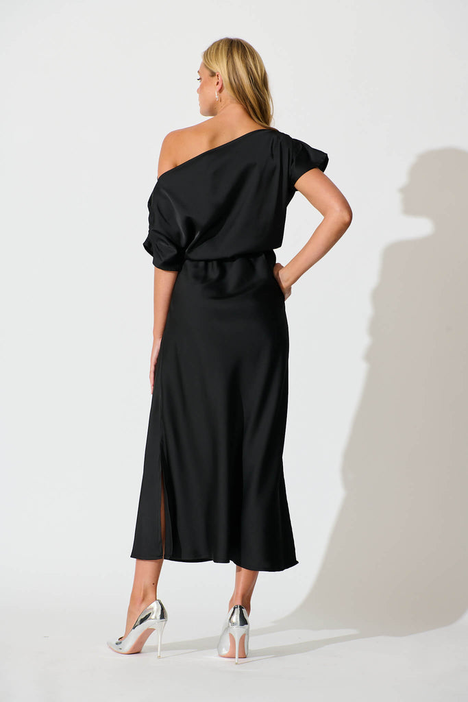 Sarita Maxi Off Shoulder Dress in Black Satin - back