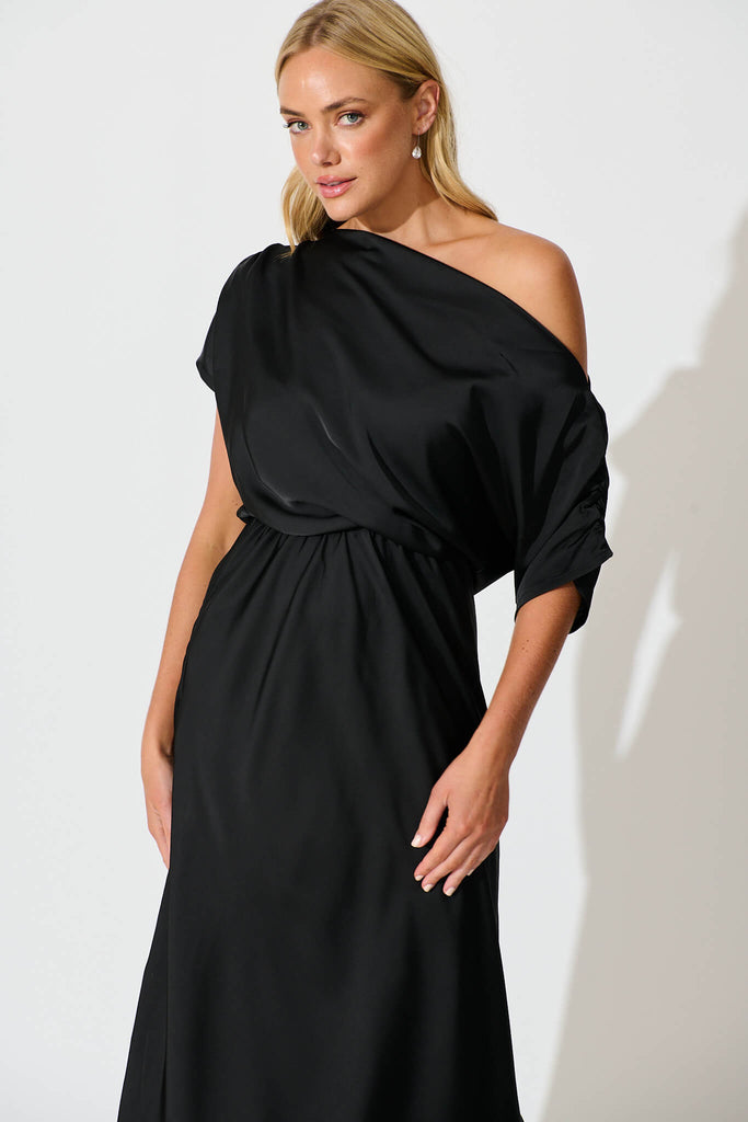 Sarita Maxi Off Shoulder Dress in Black Satin - front