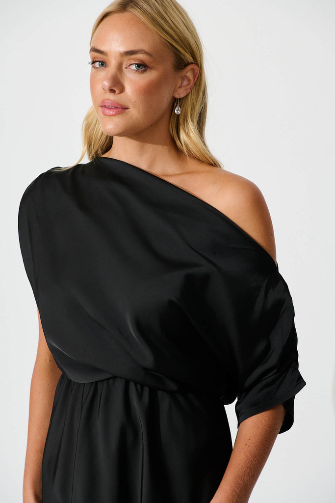 Sarita Maxi Off Shoulder Dress in Black Satin - detail