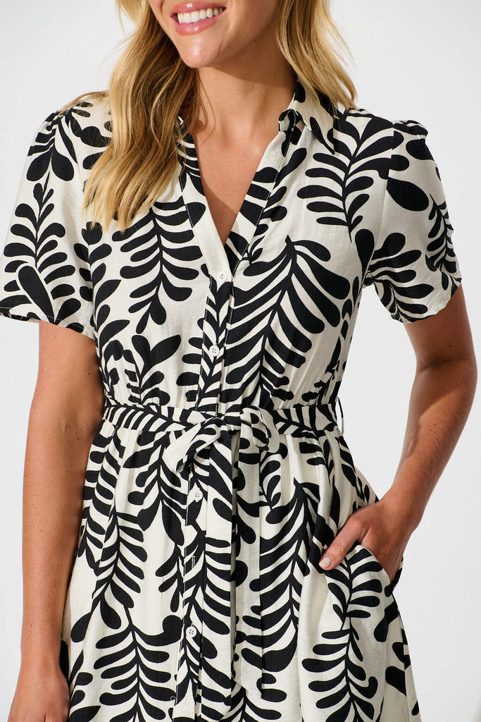 Edna Shirt Dress in Cream with Black Print - detail