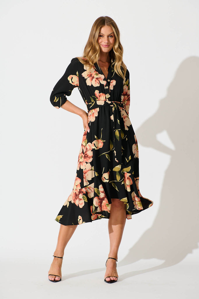 Jemimah Midi Dress In Black with Blush Floral - full length