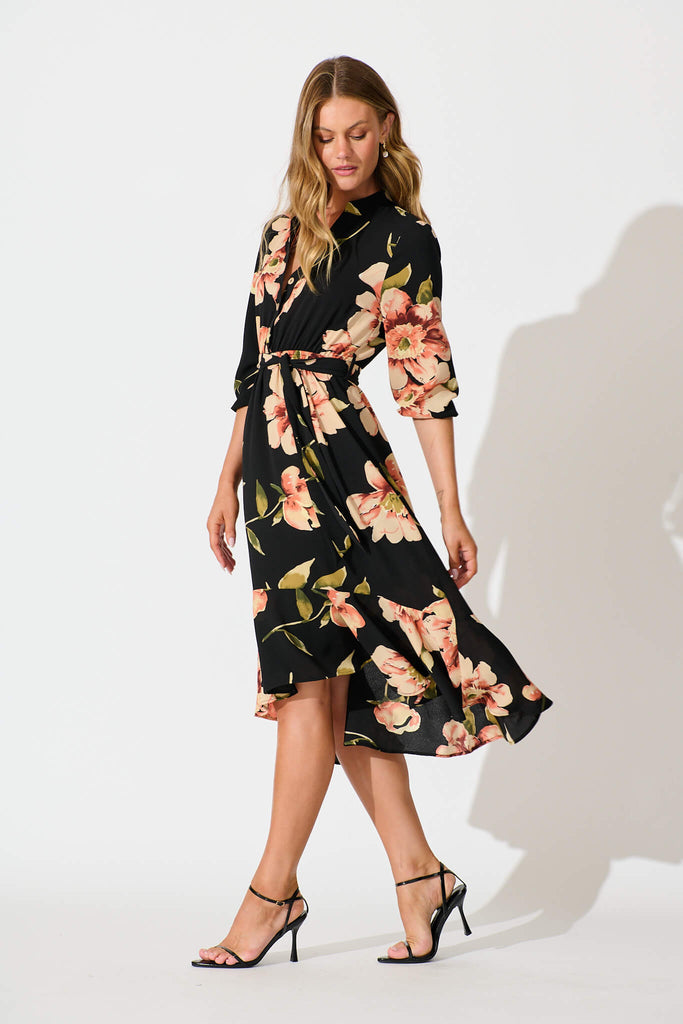 Jemimah Midi Dress In Black with Blush Floral - side