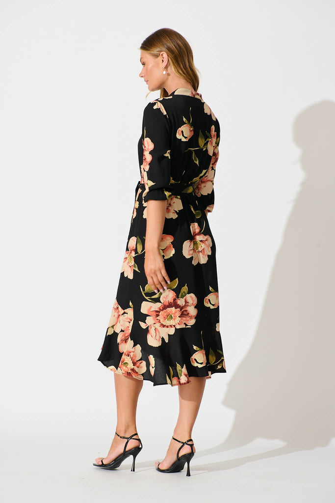 Jemimah Midi Dress In Black with Blush Floral - back