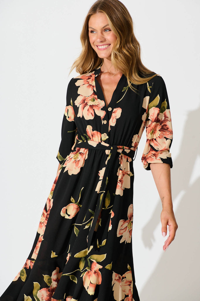 Jemimah Midi Dress In Black with Blush Floral - front