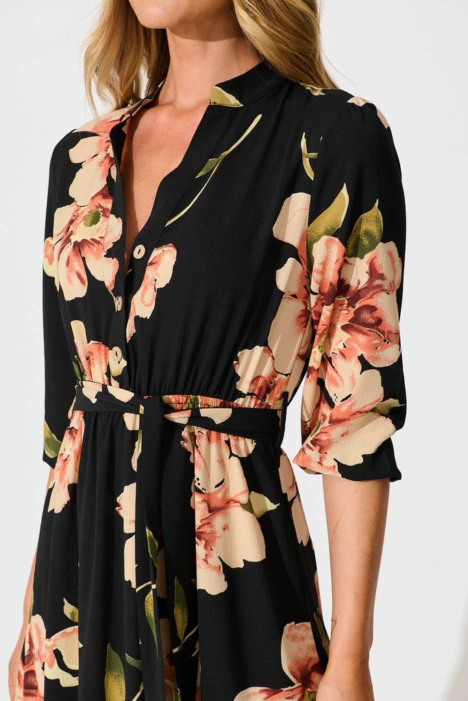 Jemimah Midi Dress In Black with Blush Floral detail