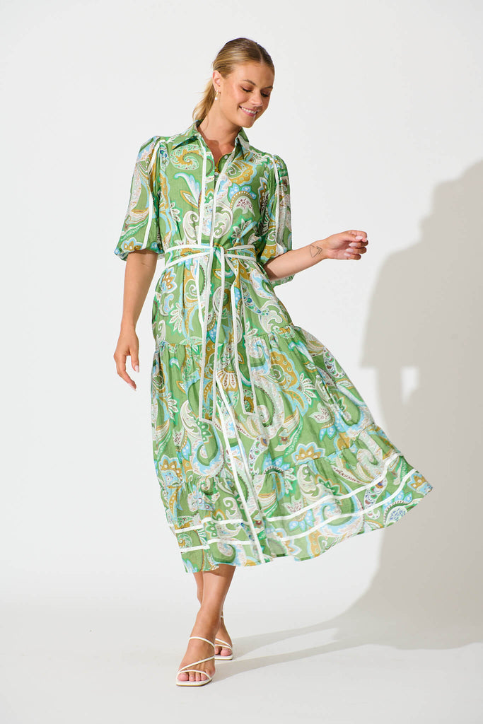 Dion Maxi Shirt Dress In Green Multi Print full length