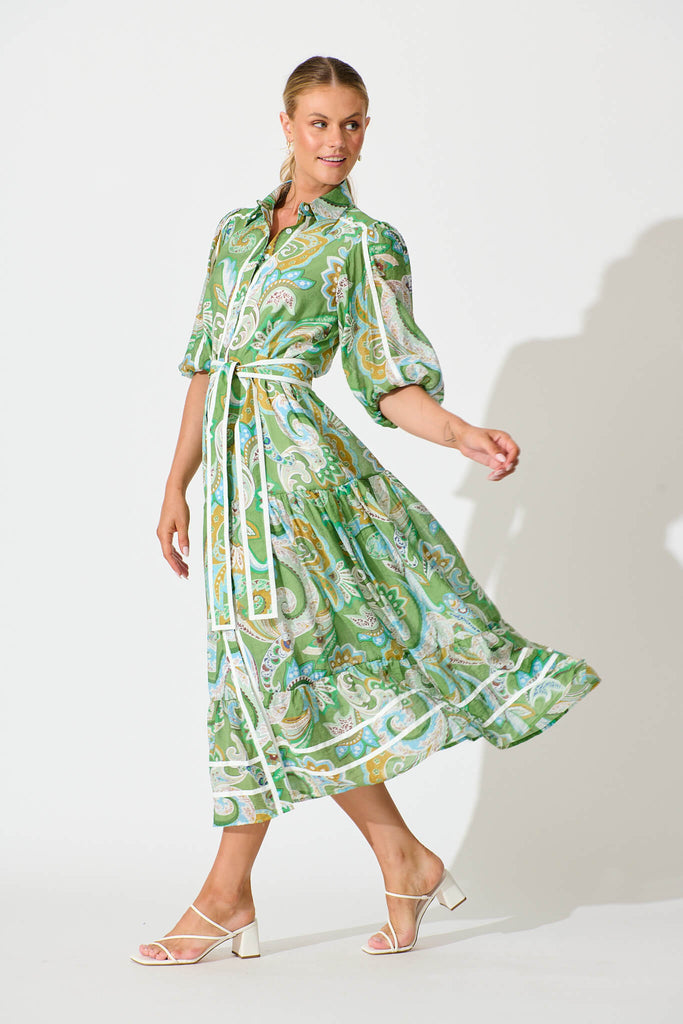 Dion Maxi Shirt Dress In Green Multi Print side