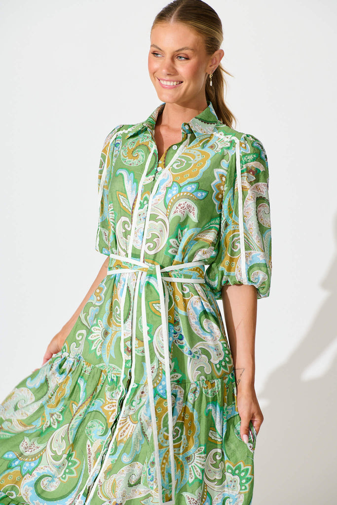 Dion Maxi Shirt Dress In Green Multi Print front