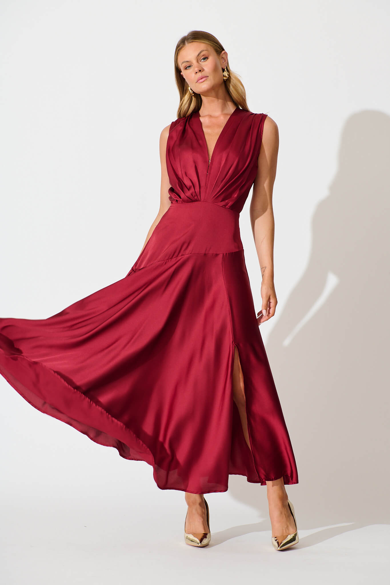 Jenibelle Maxi Dress in Wine Satin full length