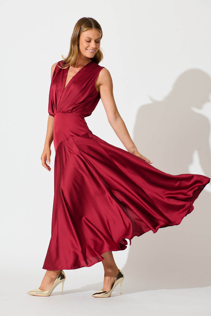 Jenibelle Maxi Dress in Wine Satin side