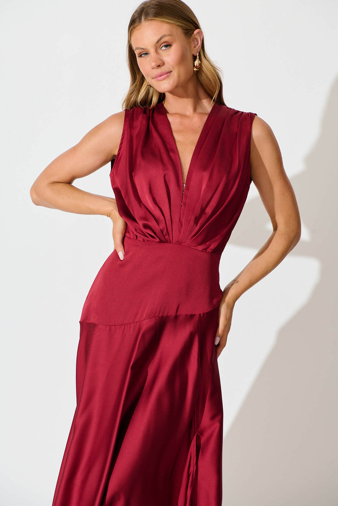 Jenibelle Maxi Dress in Wine Satin front