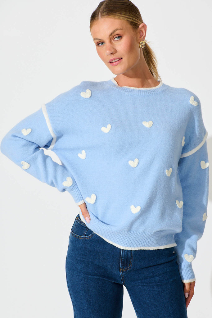 Angie Knit in Pale Blue with Cream Heart Wool Blend front