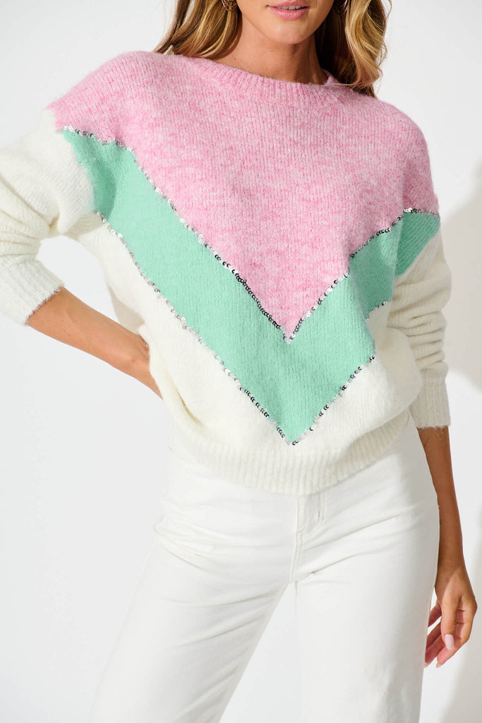 Sabre Knit in Pink with Green Colourblock Sequin Wool Blend detail