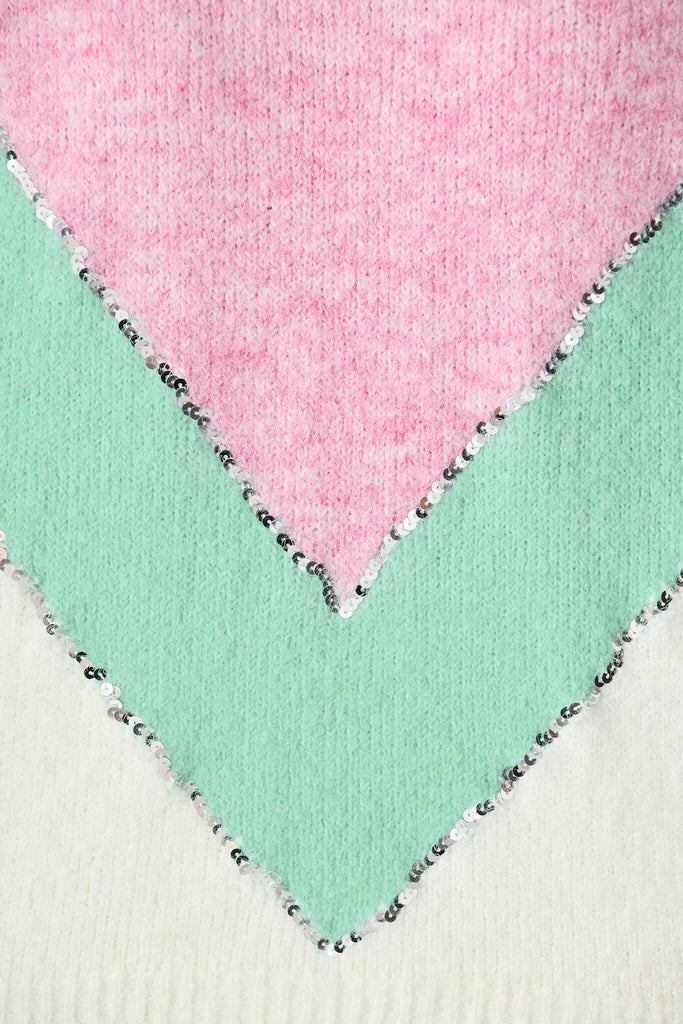 Sabre Knit in Pink with Green Colourblock Sequin Wool Blend fabric