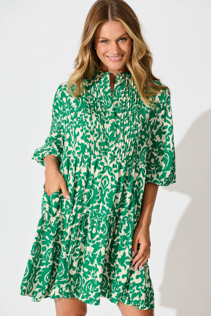 Caracelle Smock Dress In White With Green Print front