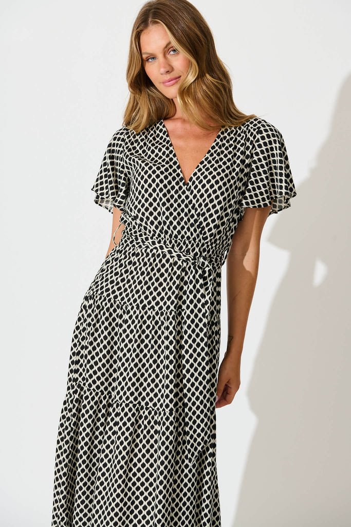 Heidi Maxi Dress in Black and Cream Geometric Print front