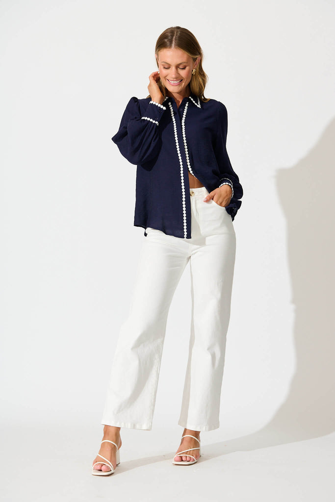 Lynelle Shirt in Navy with White Contrast Trim full length