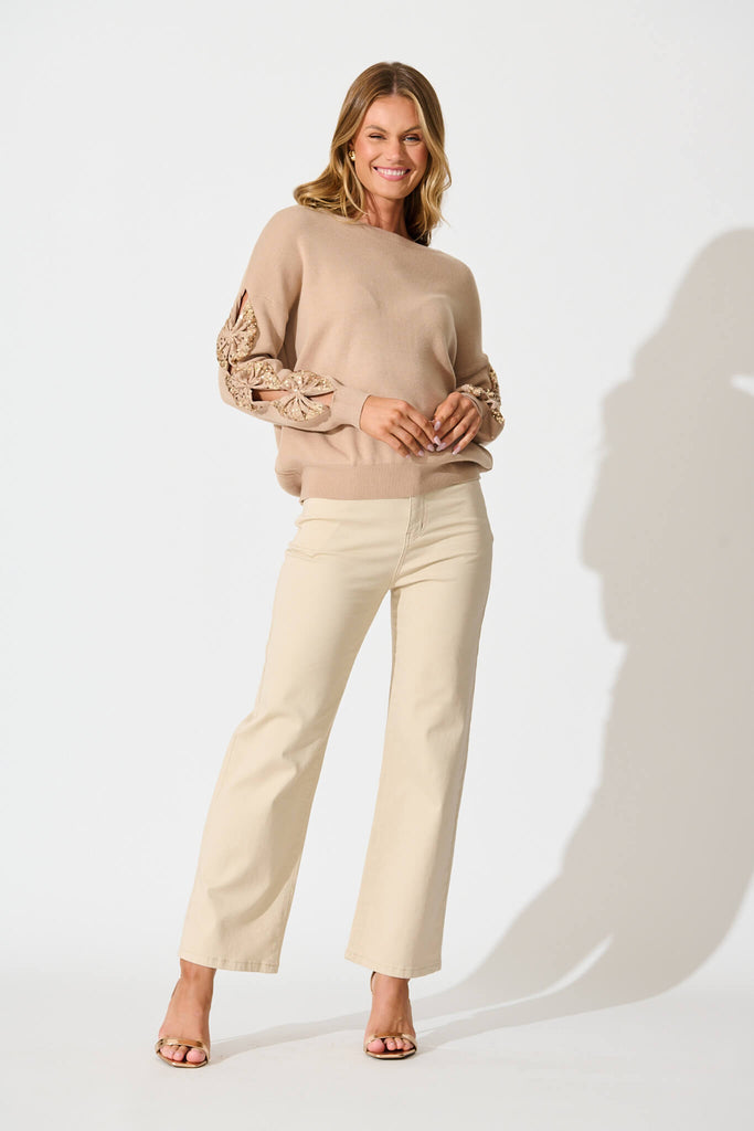 Kennedi Sequin Sleeve Detail Knit in Beige Wool Blend full length