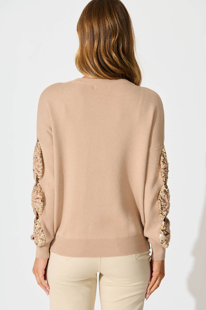 Kennedi Sequin Sleeve Detail Knit in Beige Wool Blend back