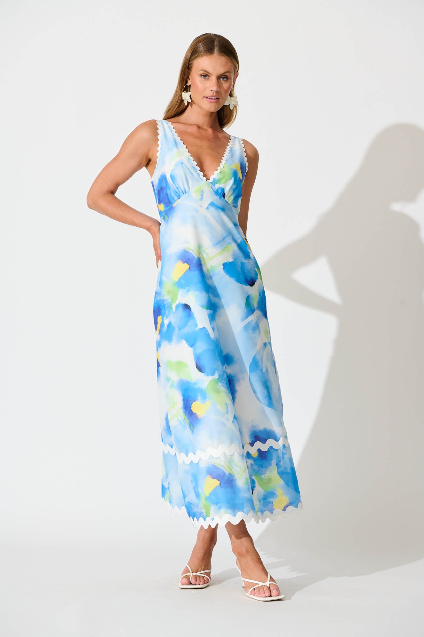 Franca Maxi Dress In Blue Watercolour with Ric Rac Trim full length