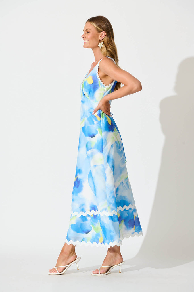 Franca Maxi Dress In Blue Watercolour with Ric Rac Trim side