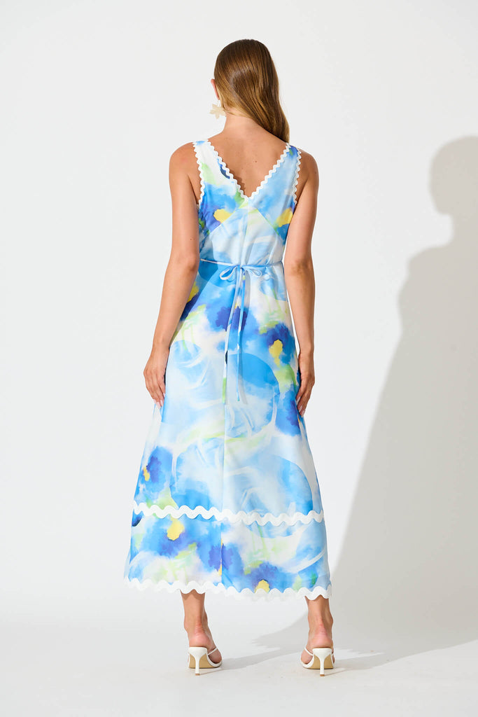 Franca Maxi Dress In Blue Watercolour with Ric Rac Trim back