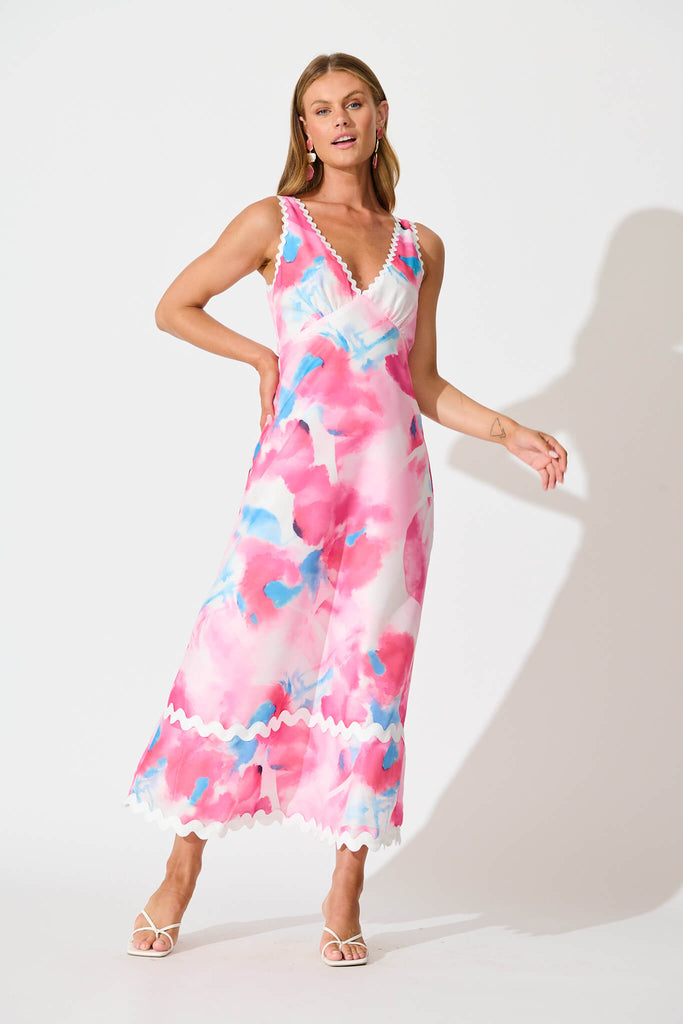 Franca Maxi Dress in Pink Watercolour with Ric Rac Trim full length