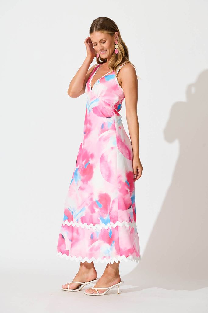 Franca Maxi Dress in Pink Watercolour with Ric Rac Trim side