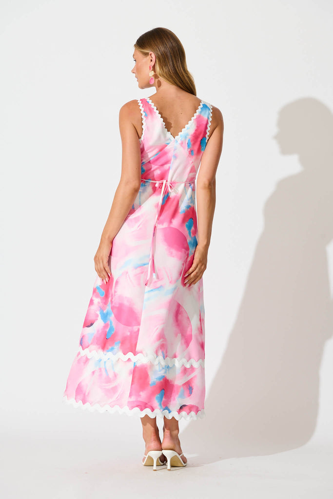 Franca Maxi Dress in Pink Watercolour with Ric Rac Trim back