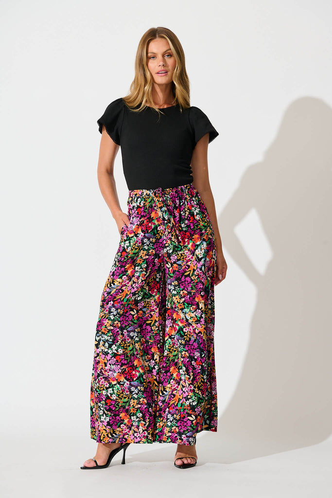 Lucia Pant In Black Multi Floral full length