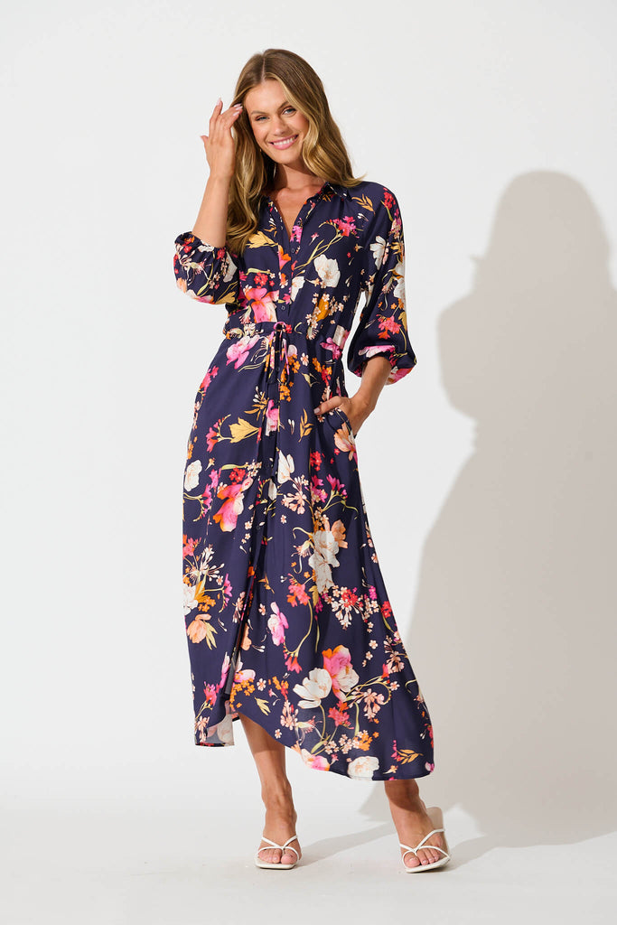 Neroli Midi Shirt Dress In Navy with Multi Floral full length