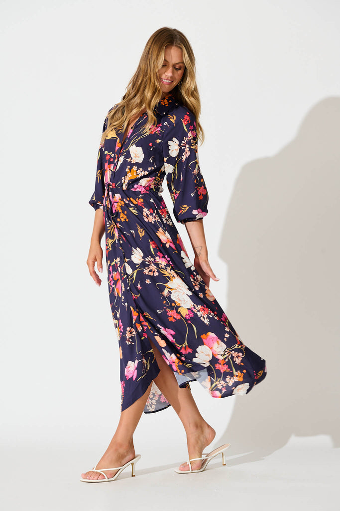 Neroli Midi Shirt Dress In Navy with Multi Floral side