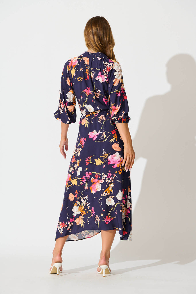 Neroli Midi Shirt Dress In Navy with Multi Floral back