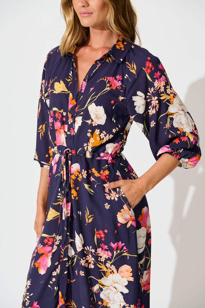 Neroli Midi Shirt Dress In Navy with Multi Floral detail