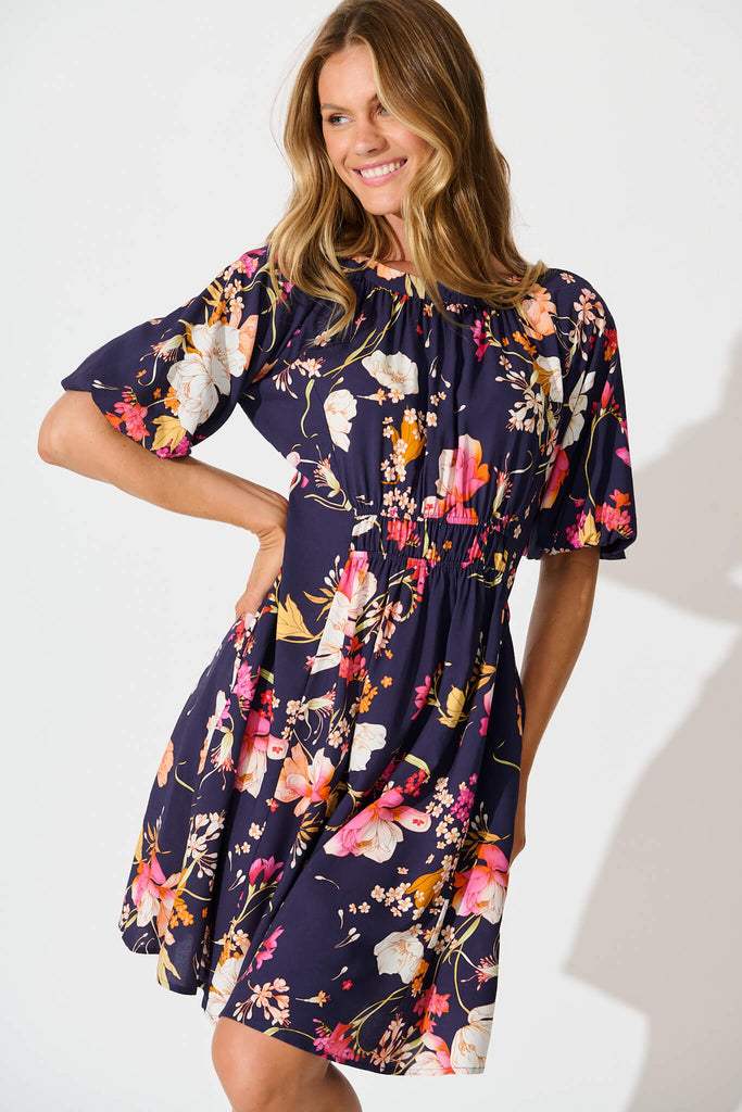 Whitney Dress In Navy with Multi Floral front