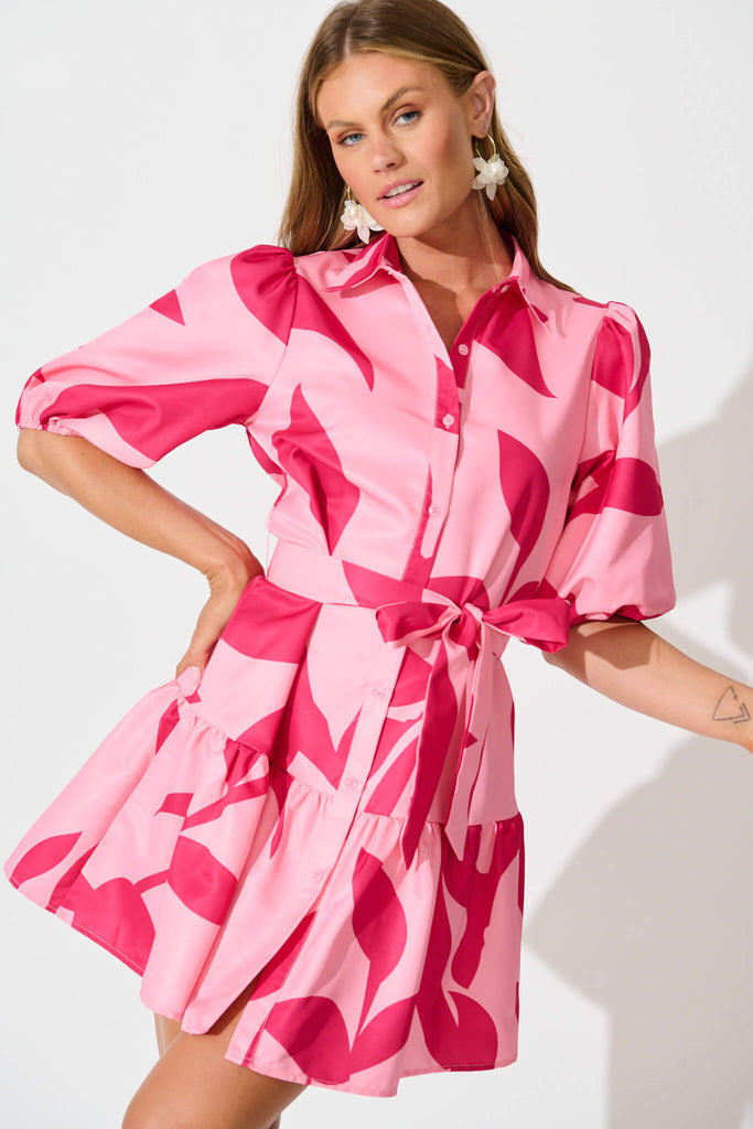 Fione Shirt Dress in Blush With Fuchsia Print front