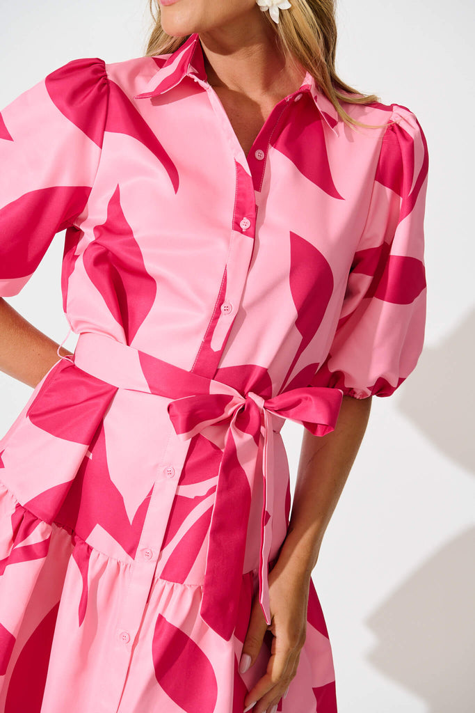 Fione Shirt Dress in Blush With Fuchsia Print detail