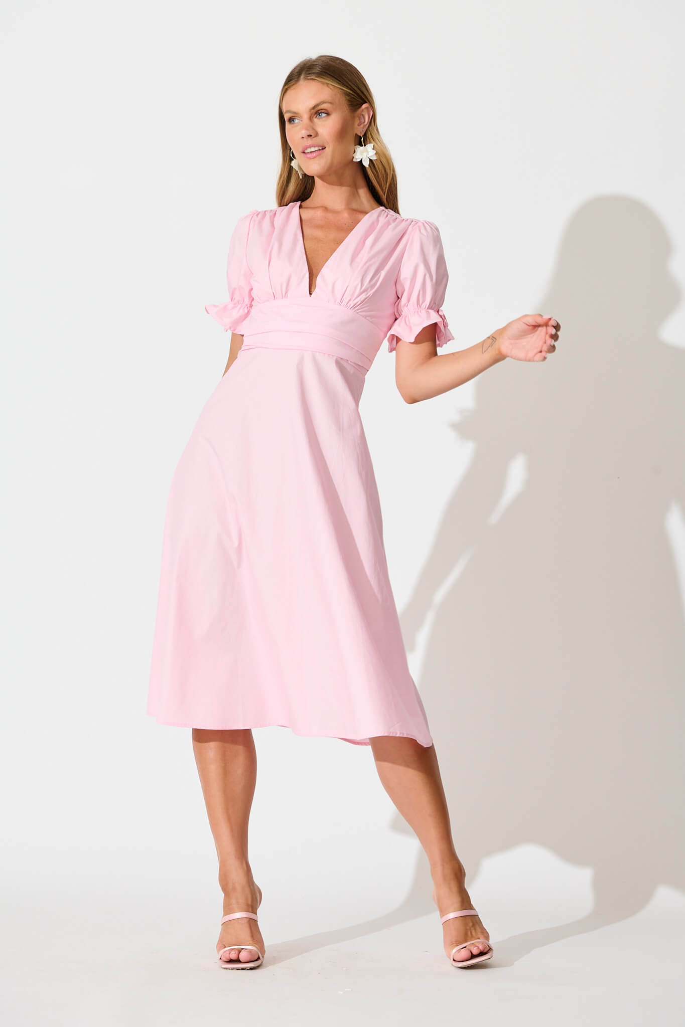 Sunrays Midi Dress in Pink Cotton full length