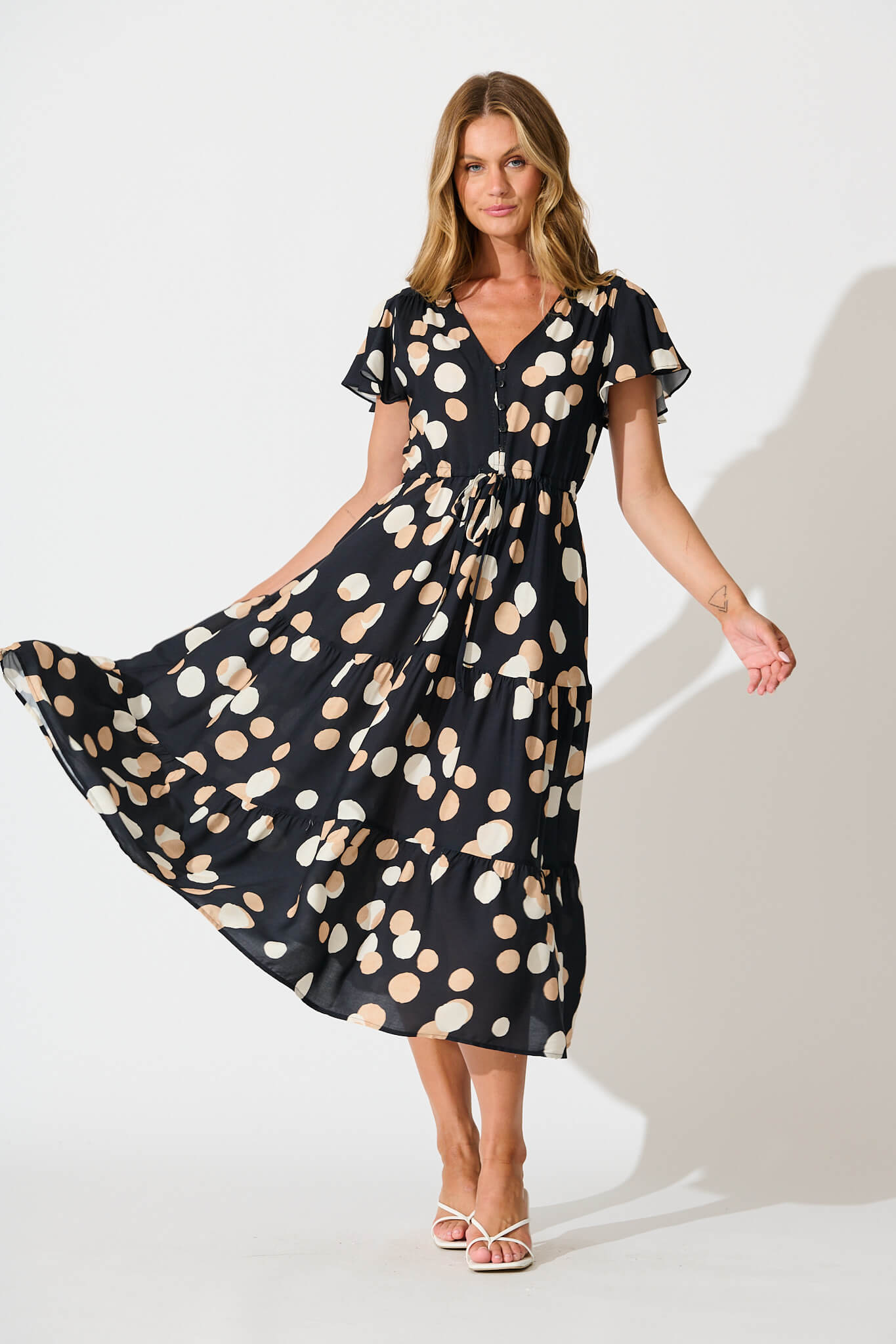 Saturday Midi Dress In Black with Cream Spot full length