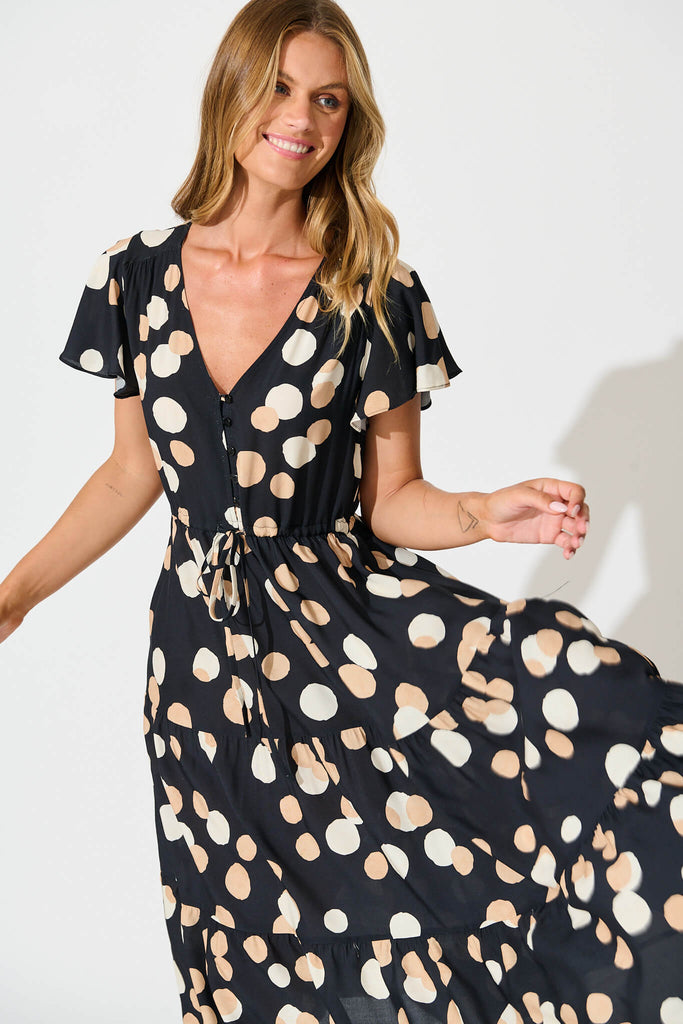 Saturday Midi Dress In Black with Cream Spot front