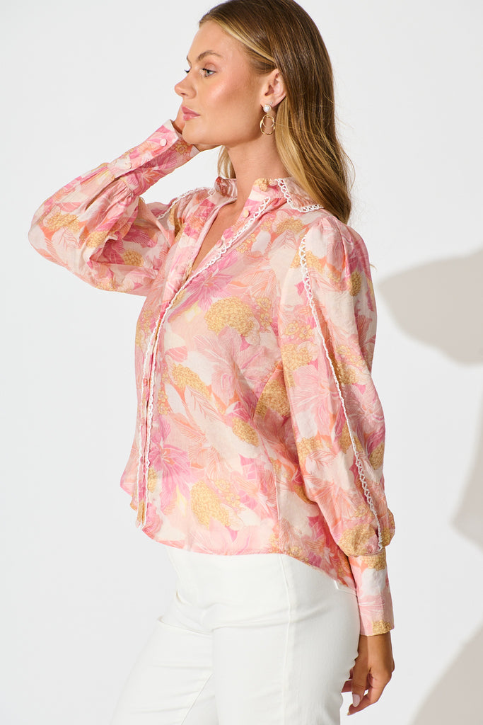 Davies Shirt in Pink Floral With White Lace Trim side