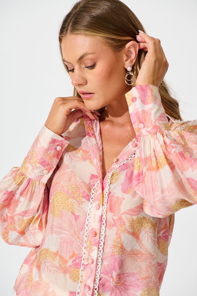 Davies Shirt in Pink Floral With White Lace Trim detail