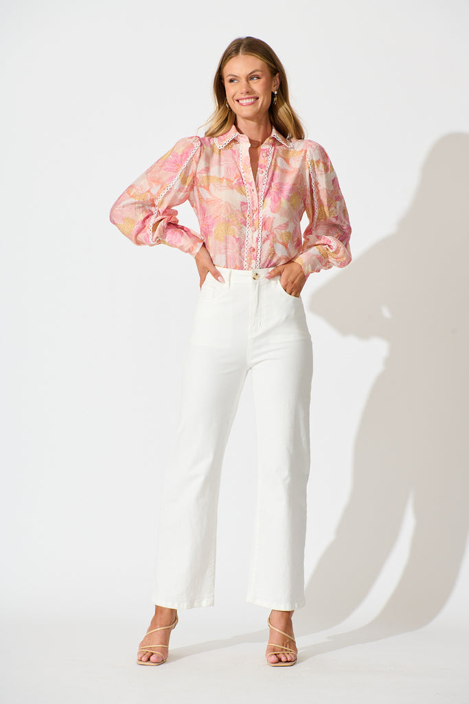 Davies Shirt in Pink Floral With White Lace Trim full length