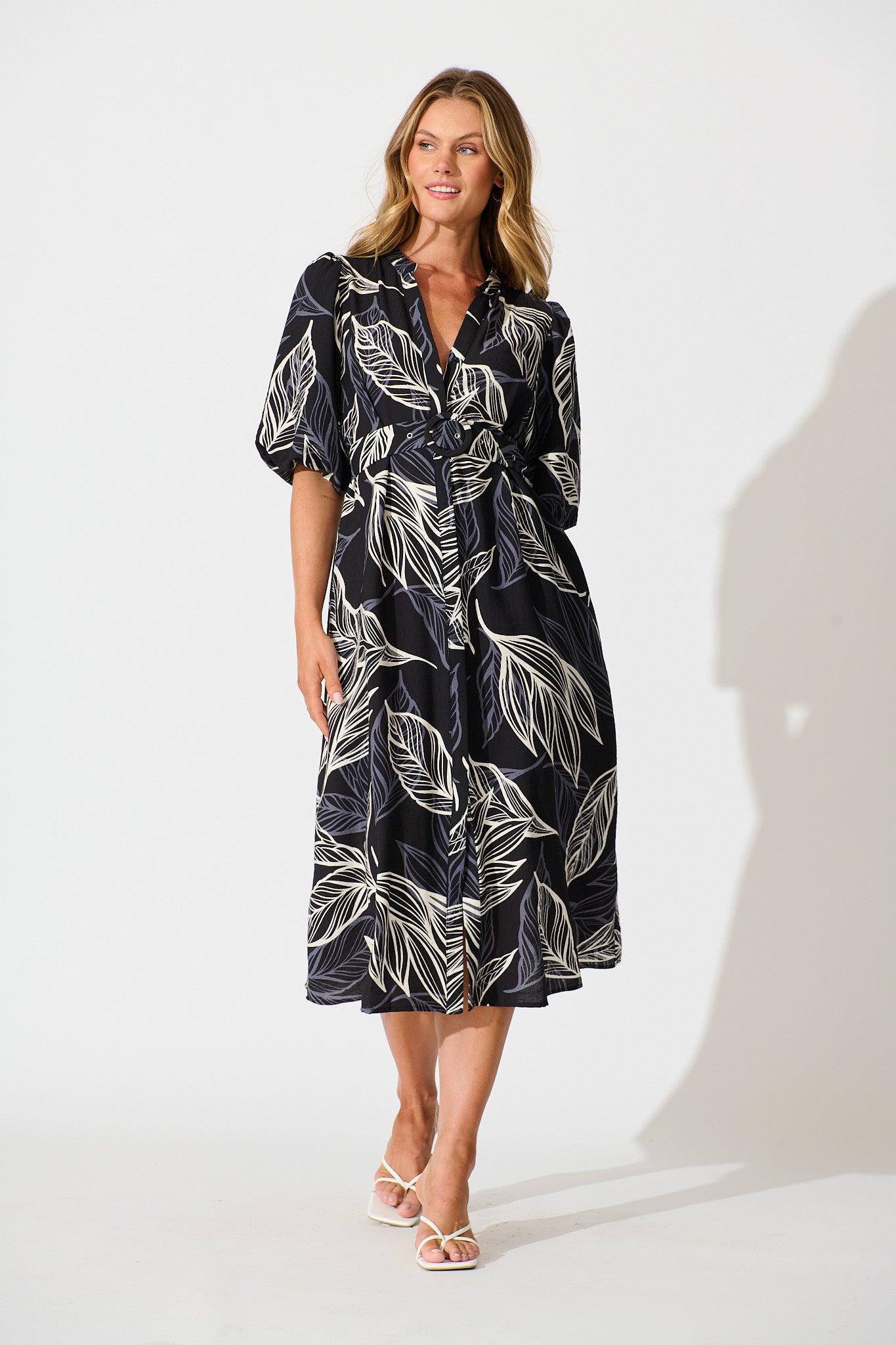 Katie Midi Dress in Black with Cream Leaf full length