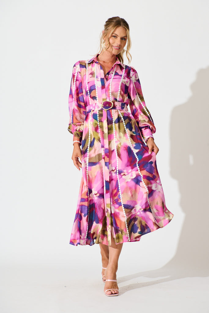 Lovingly Maxi Shirt Dress in Plum Multi Watercolour full length