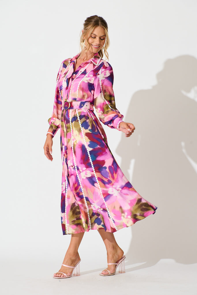 Lovingly Maxi Shirt Dress in Plum Multi Watercolour side