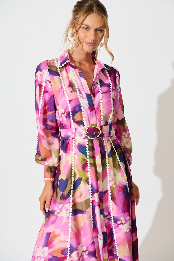 Lovingly Maxi Shirt Dress in Plum Multi Watercolour front